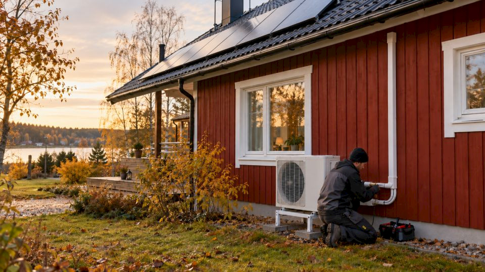 Asentaja asentaa lämpöpumpun ulkoyksikköä punaisen omakotitalon seinustalle, katolla aurinkopaneelit.