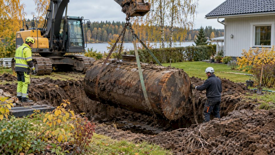 Maanalaista öljysäiliötä nostetaan kaivinkoneella omakotitalon pihalla