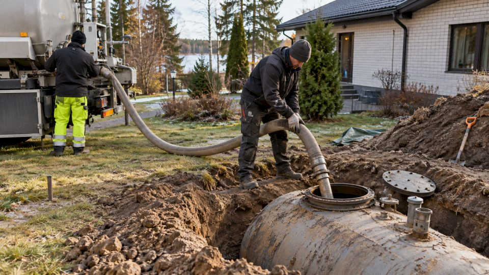 Tyhjennettyyn maanalaiseen öljysäiliöön johdetaan täyttöhiekkaa letkulla