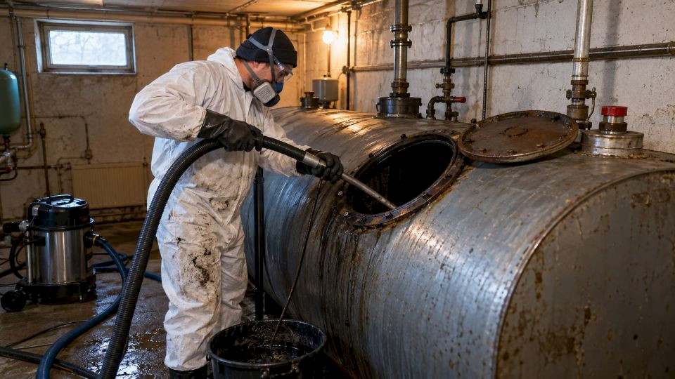 Ammattilainen puhdistaa tyhjennettyä öljysäiliötä suojavarustein